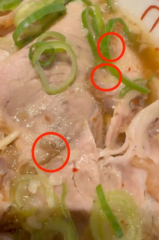 ウジ虫のついているラーメン